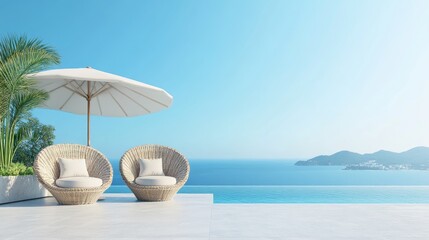 Obraz premium Serene Outdoor Lounge with Ocean View and Sun Umbrella Setup