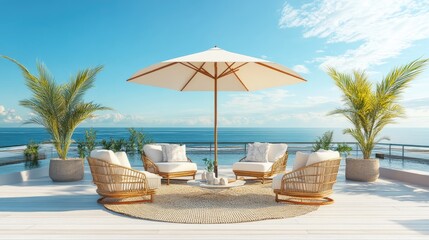 Obraz premium Modern Outdoor Lounge Area with Sun Umbrella and Sea View