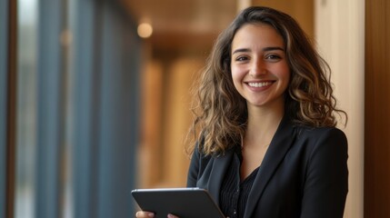 Smiling Engineer Holding Tablet in Modern Office