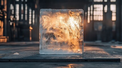 Illuminated ice cube on dark surface in industrial setting.