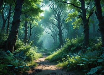 Obraz premium Surrealistic photography of a mysterious forest with overgrown foliage in shades of blue and green , blue, natural