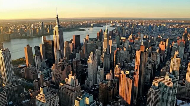 The iconic New York City skyline bathed in warm golden light during sunset, showcasing its urban beauty by Generative Ai