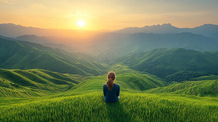 Fototapeta premium Panoramic view of lush rice terrace fields in North Vietnam bathed in golden sunlight. Symbolizing harmony, growth, and resilience, the terraces reflect human connection with nature and perseverance