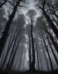 Obraz premium Tall poplar trees looming dark twisted branches, twisted, foliage