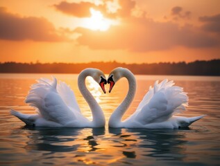 Fototapeta premium A Tranquil Sunset with Two Elegant Swans Forming a Heart Shape on the Serene Lake Surface