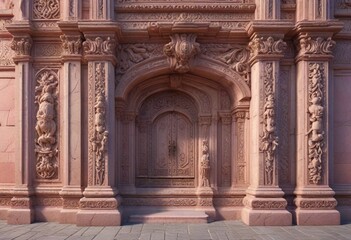 Obraz premium Pink-hued stone facade with intricate carvings and ornate details, stonework, decorative pattern, medieval motifs