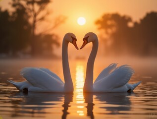 Fototapeta premium Enchanting Sunset Silhouette of Two Majestic Swans Gliding Together on Tranquil Water