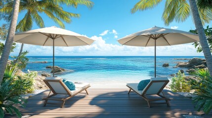 Relaxing Beach Chairs Under Umbrellas by Tropical Ocean View
