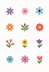 Charming Daisy Icons: A Collection of Simple Flower Shapes in Various Colors Including Pink, Blue, Purple, Orange, Red, and Green on a Clean Background

