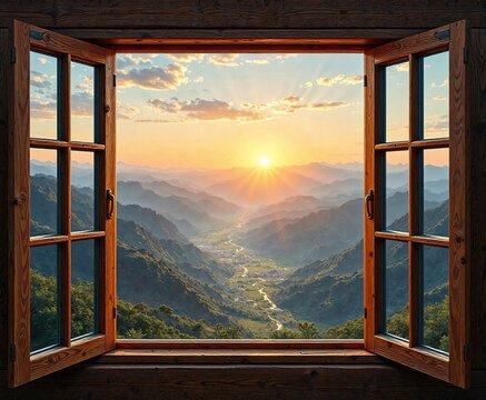 Fototapeta Wooden window frame with breathtaking view of mountains and valleys at sunrise, sunrise, wooden