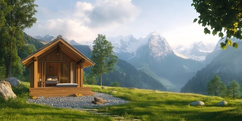 Fototapeta premium mountain house in the mountains, Serene Yoga Retreat in the Majestic Mountains Featuring Cozy Wooden Cabins, Tranquil Meditation Sessions, and Breathtaking Scenic Views of Nature