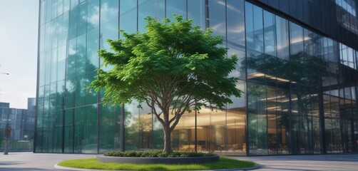 Obraz premium Green tree against the backdrop of a modern glass building , exterior, tree