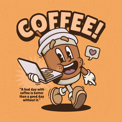 Coffee Cup Trendy Retro Cartoon Vector Hand Drawn