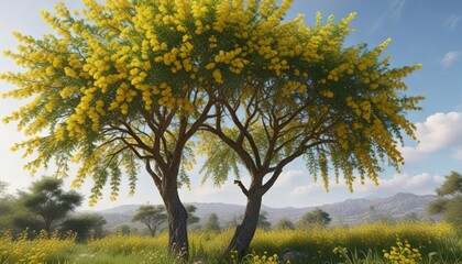 Fototapeta premium Acacia Dealbata or Mimosa Tree in full bloom with yellow flowers, green grass, flowering tree, full bloom