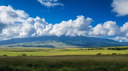 Fototapeta premium Breathtaking mountain landscape with lush greenery and dramatic clouds under a clear blue sky.