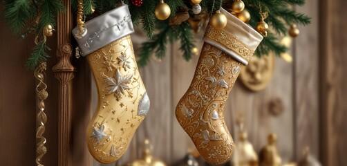 Elegant gold and silver ornaments on a beautifully crafted wooden Christmas stocking, christmas, gold