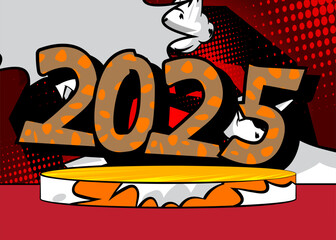 Comic Book Product podium stage for mockup presentation with 2025. Retro comics background.