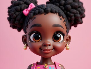 Fototapeta premium Charming Portrait of a Young Girl with Curly Hair and Playful Expression Against a Pink Background