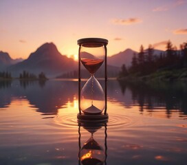 An hourglass floating on the surface of a serene lake at sunset , scenery, lake