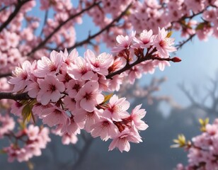 Obraz premium Cherry blossom branch with blossoms in full bloom and leaves in the background, leaves, branch, scenery