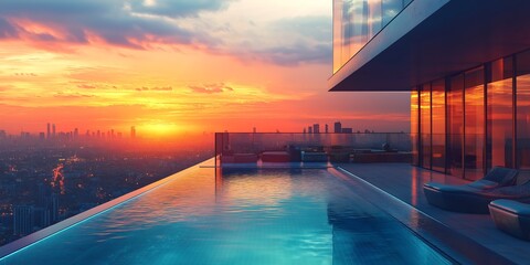 sunset over the bridge, Luxury Boutique Hotel Rooftop with Infinity Pool, Stylish Lounge Area, and Breathtaking Sunset Views Over the City Skyline