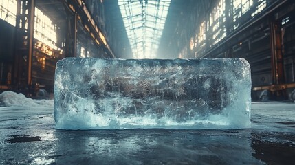 Large ice block in abandoned industrial building.