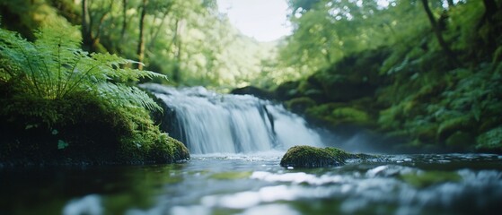 Serene waterfall surrounded by lush greenery.