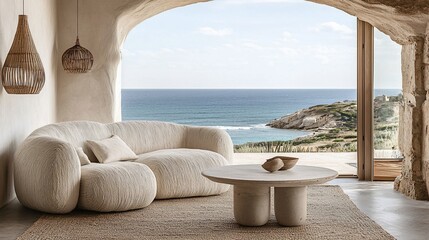 Coastal living room with curved sofa, ocean view.