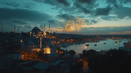 Fototapeta premium Spectacular Nighttime View of Istanbul Skyline with Fireworks over the Bosphorus Strait and illuminated Mosque