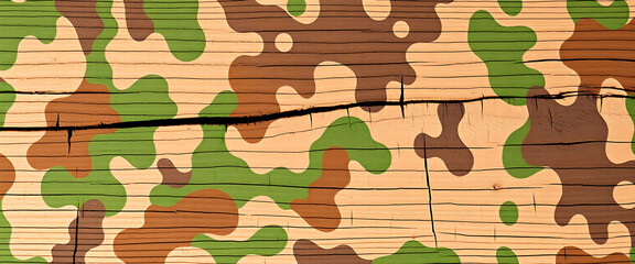 Fototapeta premium Camouflage Wooden Surface with Intricate Green, Brown, and Beige Patterns, Emphasizing Natural Beauty and Texture