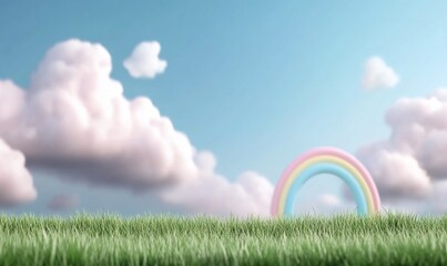 Colorful rainbow over a grassy field under blue skies.