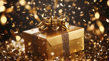 A Luxurious Golden Gift Box Amidst Falling Confetti: Celebration and Surprise