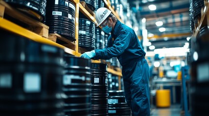 A worker in safety gear inspects barrels in a well-organized industrial warehouse, emphasizing safety and efficiency in a manufacturing environment.