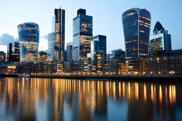Fototapeta premium City skyline at dusk with reflections on water.