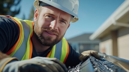 A construction worker in a hard hat and safety vest focuses on his task, showcasing diligence and professionalism in a building environment.