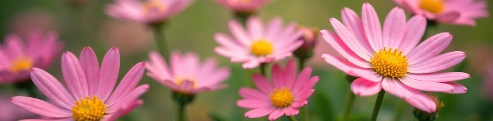 Fototapeta premium Soft pink petals with yellow centers, delicate white tips, pink wild daisies, nature
