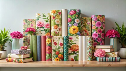 Fototapeta premium A captivating arrangement of decorative books featuring vibrant floral patterns, complemented by blooming flowers in elegant vases, all artfully displayed on a wooden shelf.