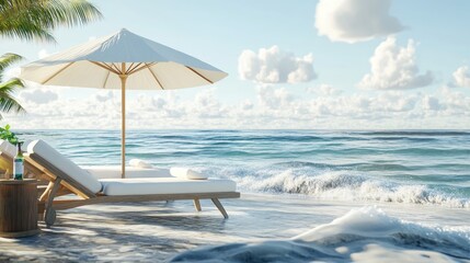 Obraz premium Tranquil Beach Scene with Sun Lounger and Umbrella by the Ocean