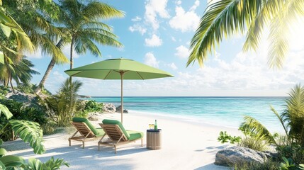Fototapeta premium Serene Tropical Beach with Lounge Chairs and Umbrella in Paradise