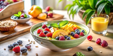 Refreshing Green Smoothie Bowl Topped with Fresh Berries and Tropical Fruit