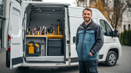 A smiling worker stands beside a well-organized van filled with tools, showcasing a professional mobile workshop setup.