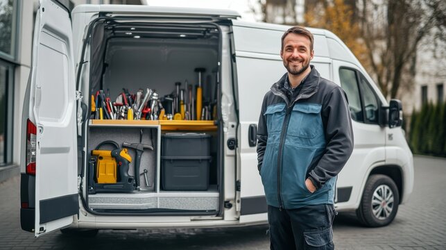 A smiling worker stands beside a well-organized van filled with tools, showcasing a professional mobile workshop setup.