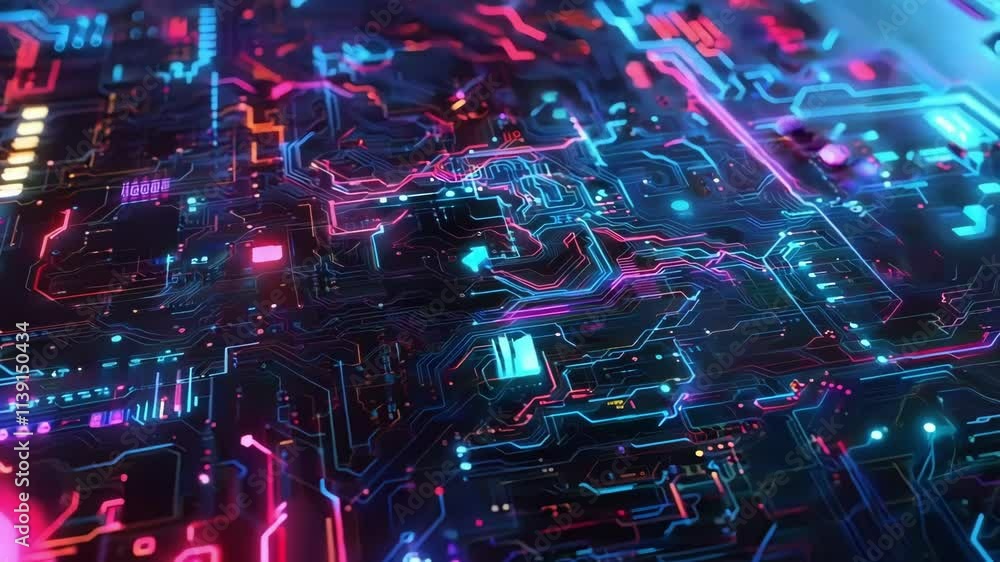 Poster futuristic motherboard with glowing circuitry is pulsing with energy. data flows through the intrica