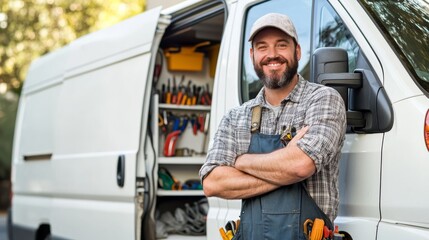 A smiling worker stands confidently by a service van, showcasing tools and a professional demeanor.