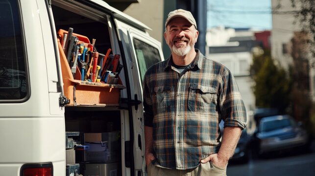 A smiling man stands next to a work van filled with tools, embodying the spirit of hard work and craftsmanship.