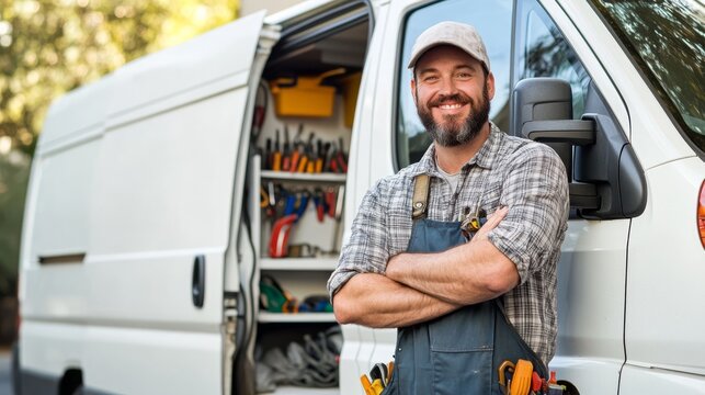 A smiling worker stands confidently by a service van, showcasing tools and a professional demeanor.