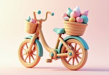 Fototapeta premium Whimsical 3D Bicycle in Pastel Colors Overflowing with Sweets: A Dreamy Visual Treat for All Ages