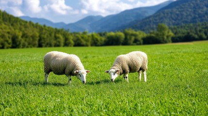 Fototapeta premium Grazing sheep in lush green meadow mountains in background nature photography