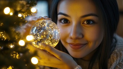 Naklejka premium young woman admiring a glowing snow globe by a Christmas tree