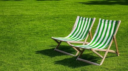 Relaxing in striped deck chairs on green lawn outdoor leisure summer vibes calm setting